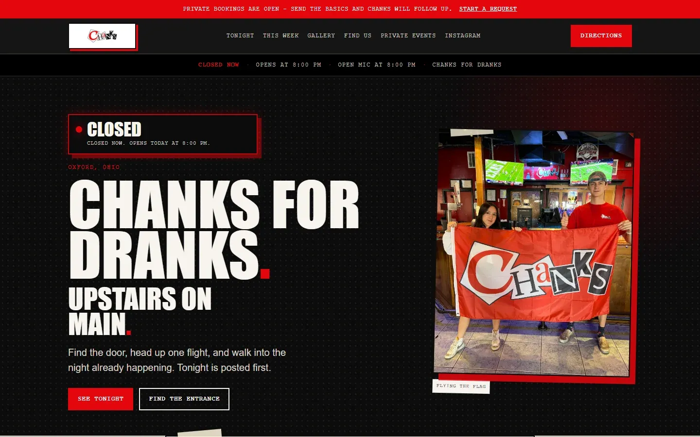 Chanks homepage — the headline "Chanks for dranks. Upstairs on Main." in heavy condensed type on black, beside a photograph of two staff holding a red Chanks flag in the bar, with a red banner announcing that private bookings are open.