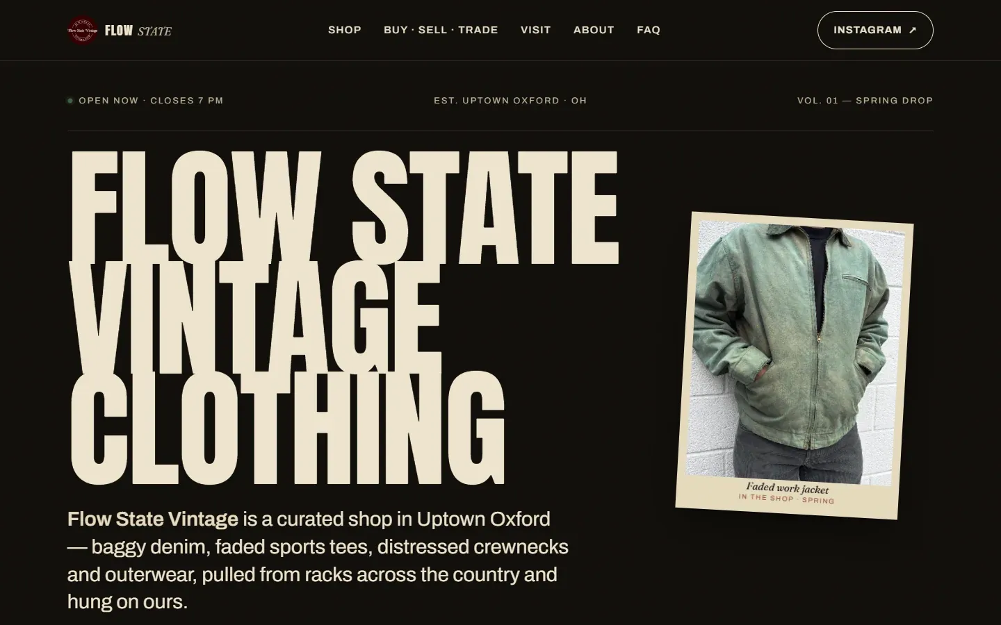 Flow State Vintage homepage — "FLOW STATE VINTAGE CLOTHING" set in oversized condensed type across a dark background, beside a tilted photograph of a faded work jacket labelled "In the shop · Spring".